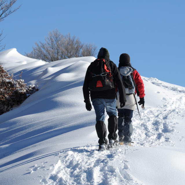 Couple de promeneurs en raquettes à neige à Issarbe